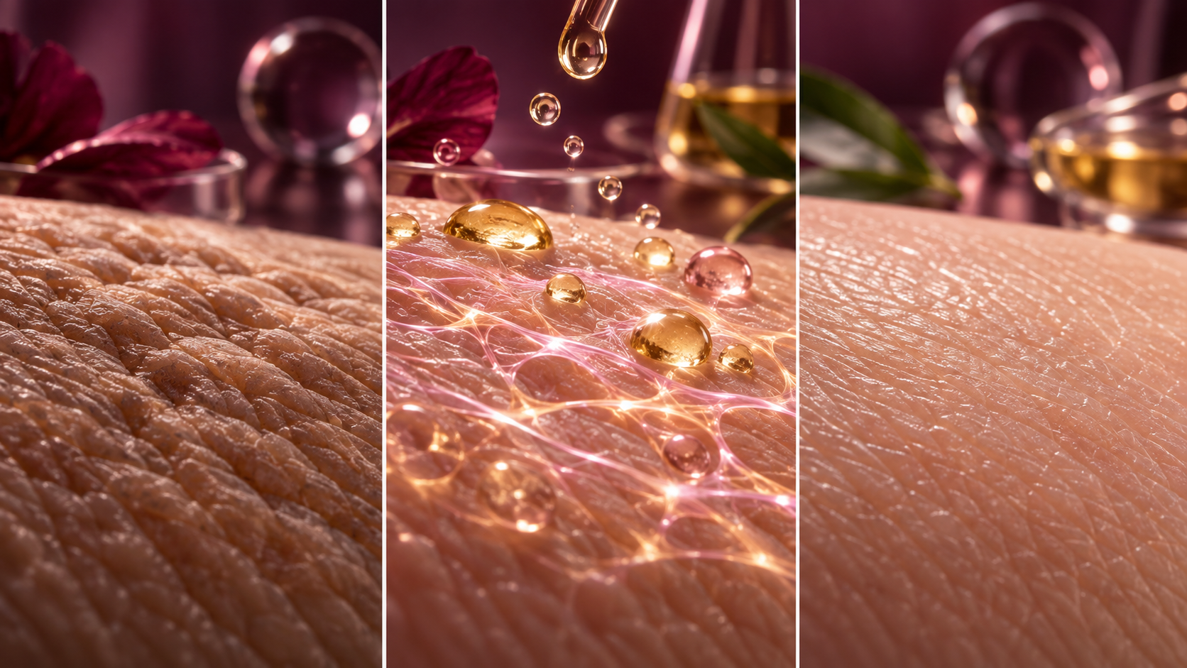 Representación cosmética en tres etapas de hidratación y suavidad de la superficie de la piel