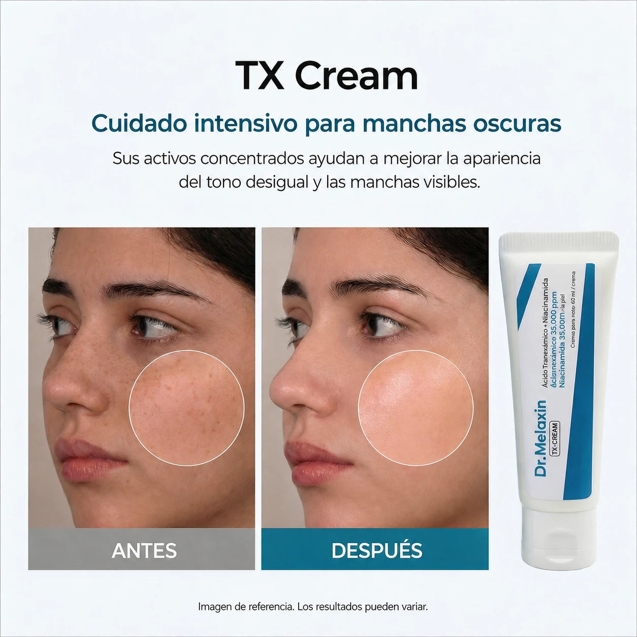 Comparación visual de referencia en español con Dr. Melaxin TX Cream