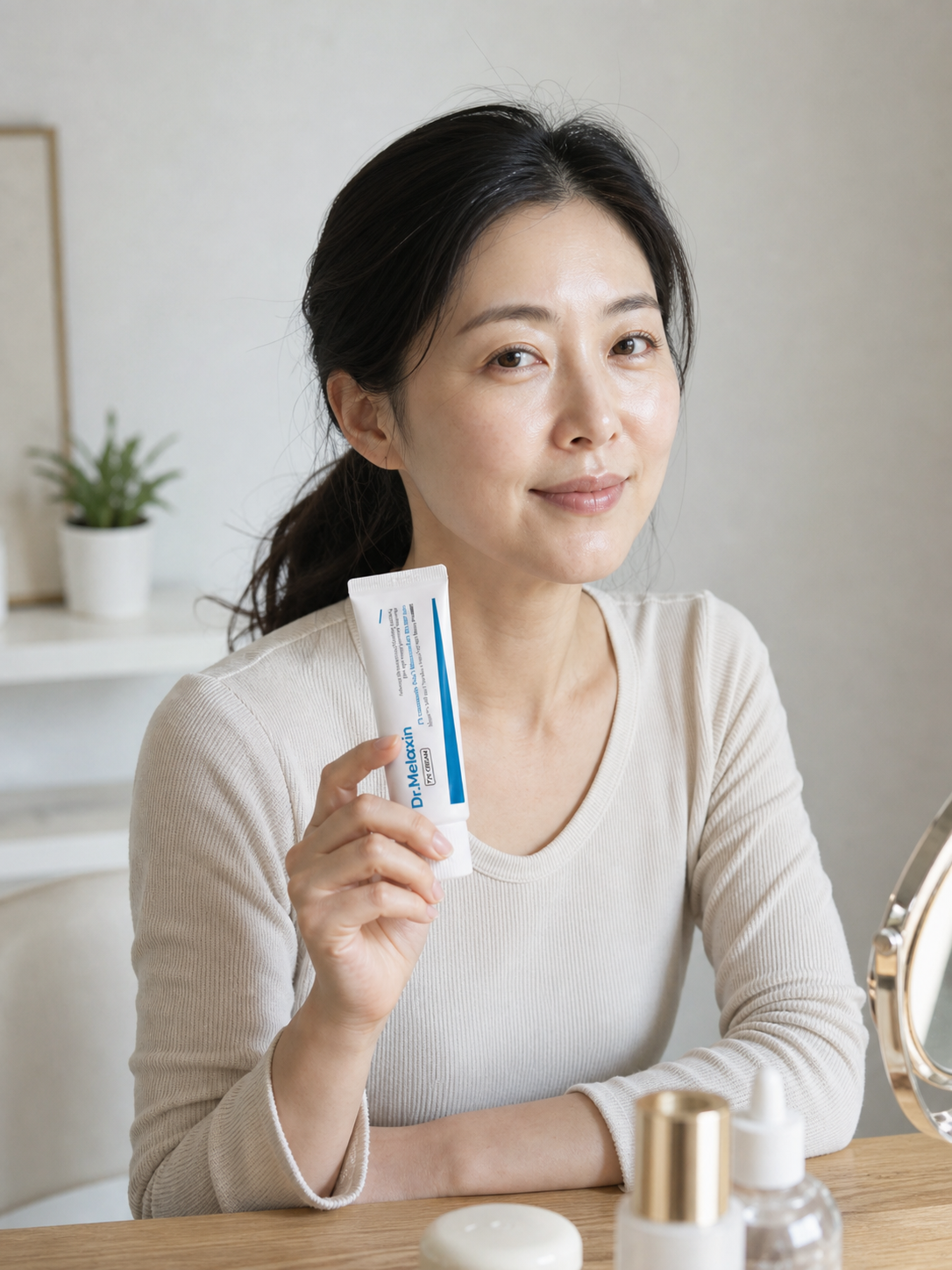 Mujer coreana en una rutina cotidiana sosteniendo Dr. Melaxin TX Cream de 60 ml